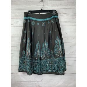 Mix Noveau Skirt Womens size 2 Sequin Embellished Flare Boho Skirt Brown/teal